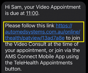 screenshot of a text message with a link of the video consult