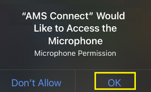 Screenshot of AMS Connect prompt for access of microphone with "Don't Allow" and "Ok" buttons"