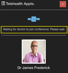 Screenshot of the AMS Connect waiting room, top half of the screen says "Waiting for doctor to join the conference. Please wait." Second half of screen is a picture and name of the doctor