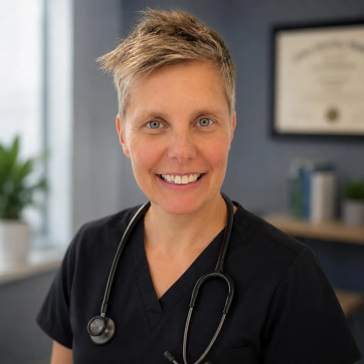 female doctor with short blonde hair and stethoscope